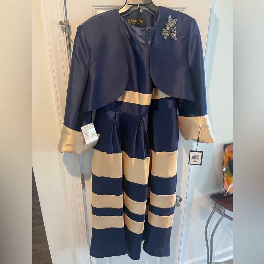 NWT: Moshita Dress w/ Jacket, Blue and Gold, Size 18
